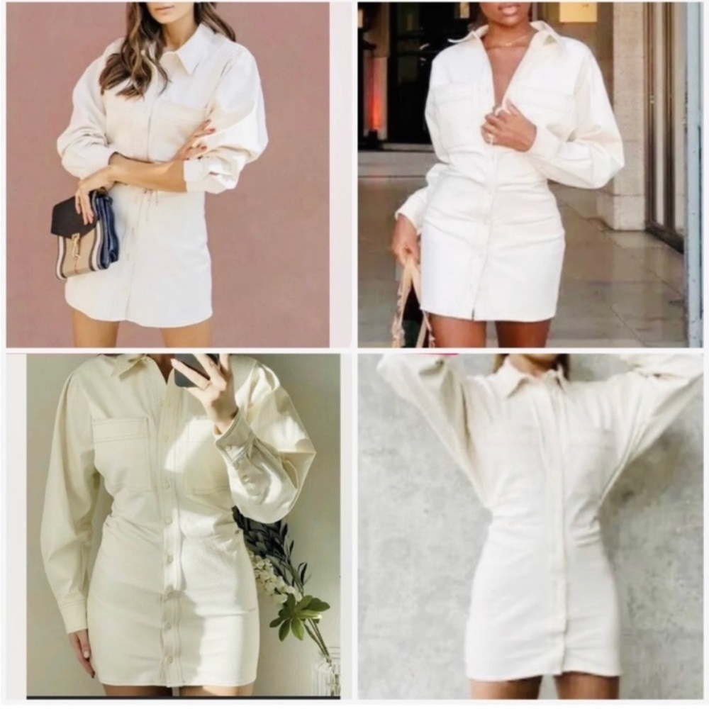 Zara Cream Denim Button Down Shirt Dress With Pockets Size Medium
